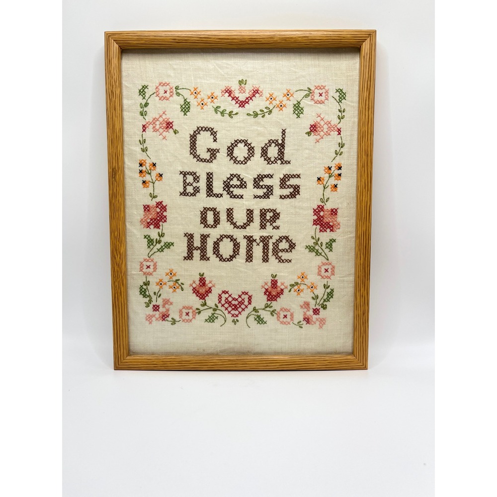 Vintage God Bless Our Home Cross Stitch Framed Wall Art Floral Farmhouse Decor